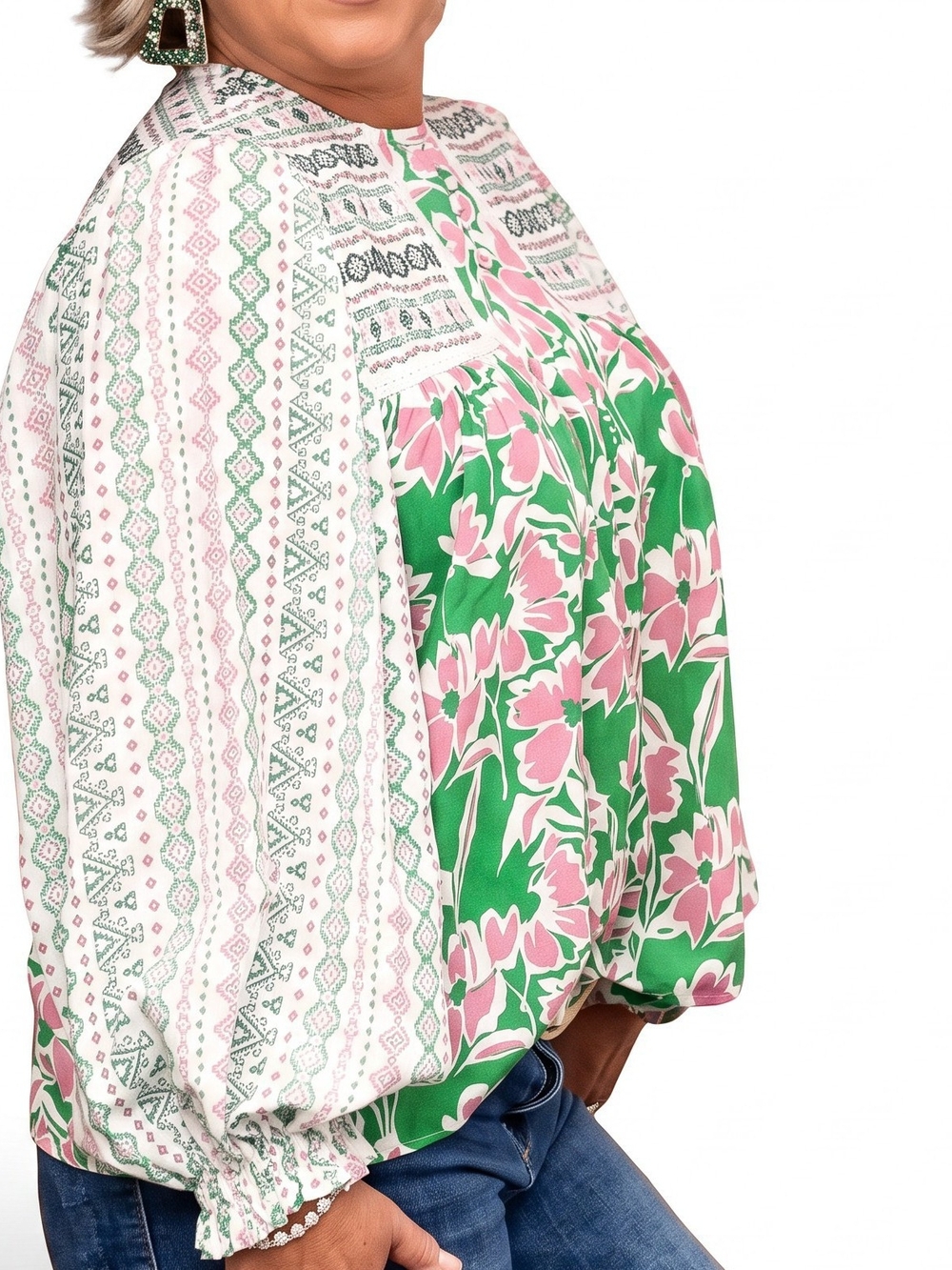 DAVI & DANI Pink and Green Floral Peasant Blouse